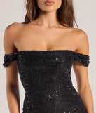 Sabrina Off-The-Shoulder Lace Sequin Mini Dress, a trendy black mini dress featuring modern details and a fresh seasonal hue, perfect for creating chic 2025 looks.