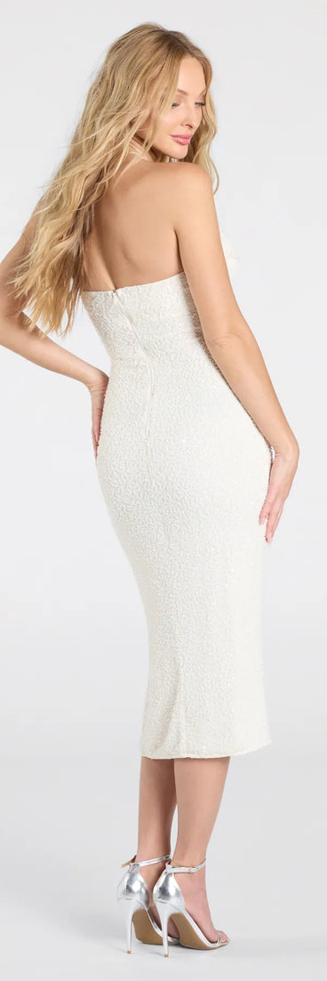 Make a bold statement in the Kris Strapless Bodycon Beaded Midi Formal Dress in ivory, the perfect fall dress for weddings, cocktail hours, nights out, and/or seasonal celebrations.