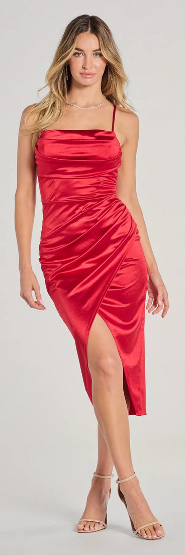 Make the big day unforgettable with the Kiley Cowl Neck Wrap Satin Midi Formal Dress, a gorgeous red bridesmaid dress that balances elegance and affordability.
