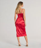 Kiley Cowl Neck Wrap Satin Midi Formal Dress in red, a stylish red dress with a flattering fit and fabric that adds allure to your look, perfect for wedding guest attire, cocktail events, or making a bold statement on a date night.