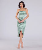 With its mid-calf hem and popular flattering fit, the Kiley Cowl Neck Wrap Satin Midi Formal Dress in sage green nails the balance of trend and ease, redefining go-to midi dresses for any occasion.