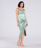 Make a bold statement in the Kiley Cowl Neck Wrap Satin Midi Formal Dress in sage green, the perfect green dress for weddings, cocktail hours, nights out, and/or seasonal celebrations.