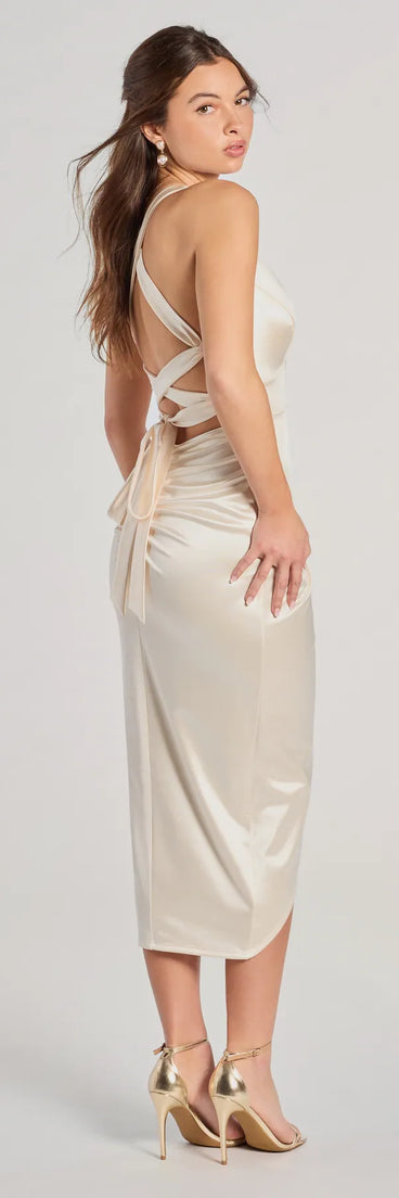 Flaunt your silhouette in the tight Sheila Lace-Up Satin Midi Formal Dress in ivory, a bodycon dress that empowers your look with bold style and effortless edge.