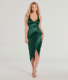 The Sheila Lace-Up Satin Midi Formal Dress in luxe hunter green fabric, a stunning prom dress with statement details designed to make a bold impression at Prom 2025.