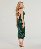Flaunt your silhouette in the tight Sheila Lace-Up Satin Midi Formal Dress in hunter green, a bodycon dress that empowers your look with bold style and effortless edge.