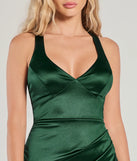 The Sheila Lace-Up Satin Midi Formal Dress in luxe hunter green fabric, a stunning prom dress with statement details designed to make a bold impression at Prom 2025.