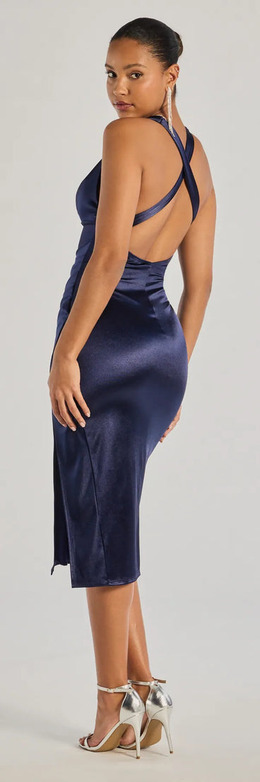 Own the evening in the Abigail V-Neck Strappy Satin Midi Dress in navy blue, a sultry cocktail dress perfect for rooftop parties and stylish soirées.