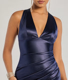 The Abigail V-Neck Strappy Satin Midi Dress in luxe navy blue fabric, a stunning prom dress with statement details designed to make a bold impression at Prom 2025.