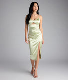 Own the spotlight in the Bennet Lace Trim Satin Midi Dress, a sage green formal dress crafted to deliver luxe style for summer weddings, Army Balls, or any special event.