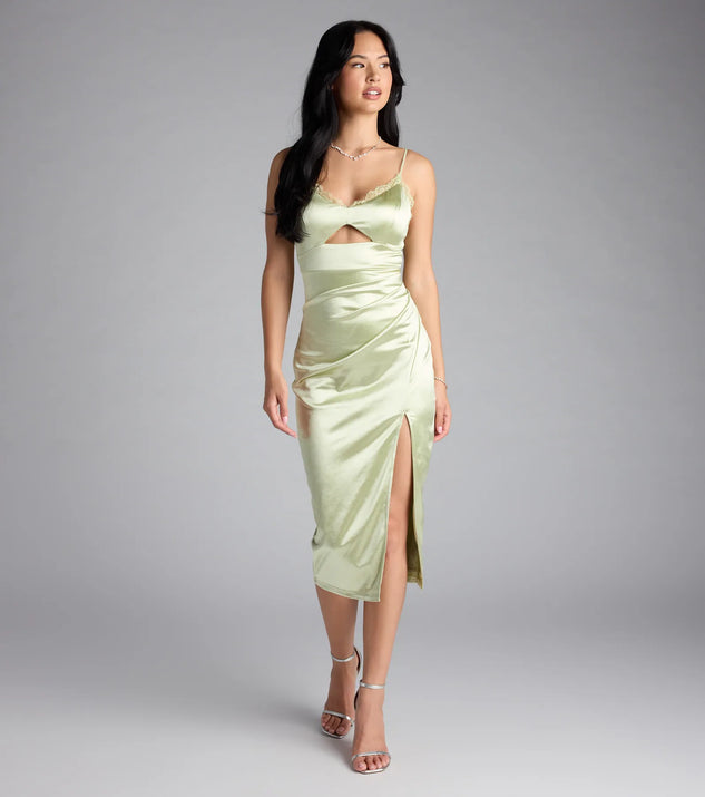 Own the spotlight in the Bennet Lace Trim Satin Midi Dress, a sage green formal dress crafted to deliver luxe style for summer weddings, Army Balls, or any special event.