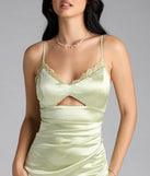 Own the spotlight in the Bennet Lace Trim Satin Midi Dress, a sage green formal dress crafted to deliver luxe style for summer weddings, Army Balls, or any special event.