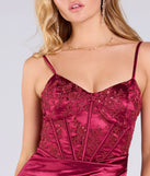 Make a bold statement in the Alexis Corset Applique Satin Mini Dress in burgundy, the perfect spring dress for weddings, cocktail hours, nights out, and/or seasonal celebrations.