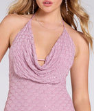 Own every entrance in the Hadley Halter Cowl Neck Beaded Bodycon Mini Dress, a lavender party dress perfect for milestone birthdays and grad parties, or dancing through summer nights and unforgettable bachelorette celebrations.