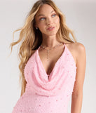 Own every entrance in the Guinevere Beaded Cowl Halter Mini Dress, a pink party dress perfect for milestone birthdays and grad parties, or dancing through summer nights and unforgettable bachelorette celebrations.
