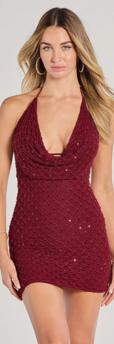 Steal the spotlight in the Hadley Halter Cowl Neck Beaded Bodycon Mini Dress in burgundy, a fiery pick from the red homecoming dresses collection designed for bold entrances.