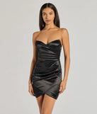 Jaylee Satin Strapless Wrap Bodycon Mini Dress, a trendy black mini dress featuring modern details and a fresh seasonal hue, perfect for creating chic 2025 looks.