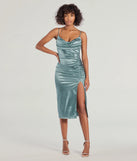 Feel confident and photo-ready in the Kristen Formal Satin Cowl Neck Midi Dress, a denim blue graduation dress perfect for 2025 ceremonies and parties.