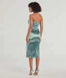 Feel instantly put-together in the Kristen Formal Satin Cowl Neck Midi Dress in denim blue, a summer wedding guest dress designed for confident style and all-out celebration.