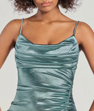 Step into the Prom 2025 dance in the Kristen Formal Satin Cowl Neck Midi Dress in denim, a stunning blue prom dress designed to complement any theme with its timeless allure and statement-making style.