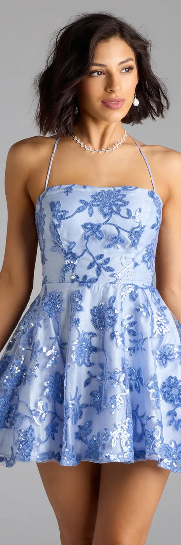 Celebrate in style with the Joanna Sequin Lace Party Dress, a periwinkle holiday dresses standout that brings bold, festive flair and a party-ready look.