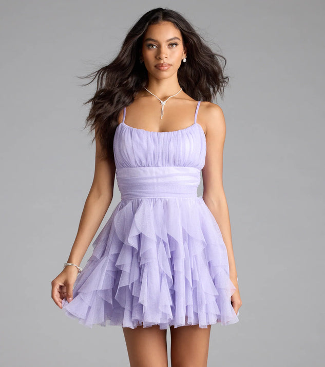 Own every entrance in the Louisa Ruffle Glitter Skater Short Dress, a lavender party dress perfect for milestone birthdays and grad parties, or dancing through summer nights and unforgettable bachelorette celebrations.