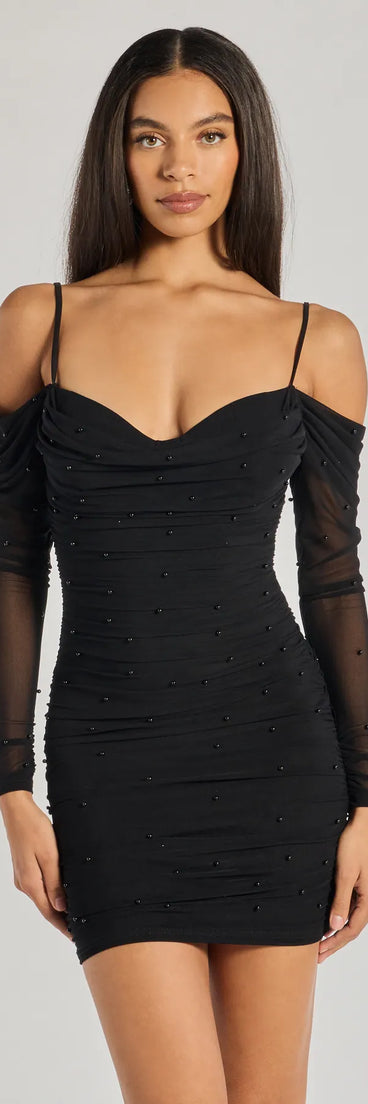 Keep it classic with the Talia Pearl Mesh Cold-Shoulder Mini Dress, a feed-worthy pick from Windsor's black homecoming dress collection made to stop their scroll from pictures to the dance floor.