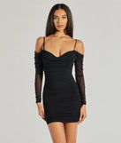 Talia Pearl Mesh Cold-Shoulder Mini Dress, a trendy black mini dress featuring modern details and a fresh seasonal hue, perfect for creating chic 2025 looks.