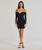 Make a bold statement in the Talia Pearl Mesh Cold-Shoulder Mini Dress in black, the perfect spring dress for weddings, cocktail hours, nights out, and/or seasonal celebrations.