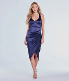 The Sheila Lace-Up Satin Midi Formal Dress in luxe navy blue fabric, a stunning prom dress with statement details designed to make a bold impression at Prom 2025.