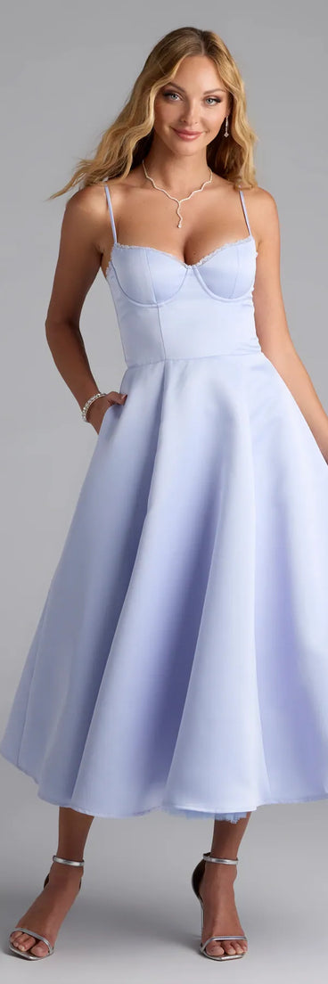 Feel instantly put-together in the Georgie Sweetheart A-Line Satin Midi Dress in light blue, a stylish wedding guest dress designed for confident style and all-out celebration.
