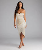 Feel instantly put-together in the Sianna Strapless Bodycon Satin Midi Formal Dress in ivory, a summer wedding guest dress designed for confident style and all-out celebration.