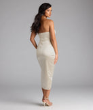Own the evening in the Sianna Strapless Bodycon Satin Midi Formal Dress in ivory, a summer cocktail dress perfect for rooftop parties and stylish soirées.