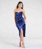 Step into the Prom 2025 dance in the Sianna Strapless Bodycon Satin Midi Formal Dress in navy, a stunning blue prom dress designed to complement any theme with its timeless allure and statement-making style.