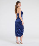 Flaunt your silhouette in the tight Sianna Strapless Bodycon Satin Midi Formal Dress in navy blue, a bodycon dress that empowers your look with bold style and effortless edge.