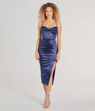 The Heidi Corset Slit Satin Midi Dress in luxe navy blue fabric, a stunning prom dress with statement details designed to make a bold impression at Prom 2025.