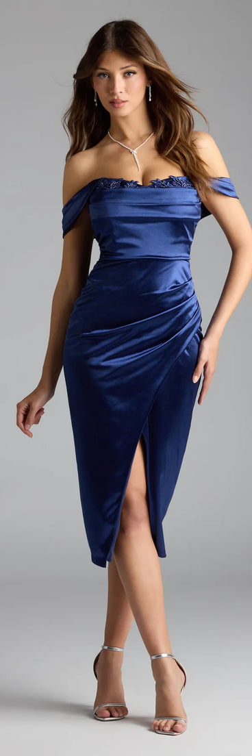 Feel instantly put-together in the Martine Off-The-Shoulder Midi Satin Formal Dress in navy blue, a stylish wedding guest dress designed for confident style and all-out celebration.
