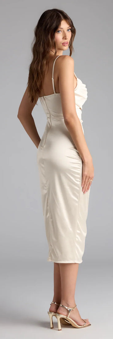 Own the evening in the Lilith Satin Cutout Wrap-Front Midi Dress in ivory, a sultry cocktail dress perfect for rooftop parties and stylish soirées.
