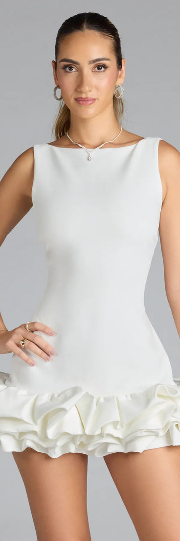 Own the evening in the Ellerie Low Back Ruffle Bubble Short Dress in white, a fall cocktail dress perfect for rooftop parties and stylish soirées.