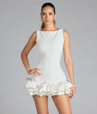 Flaunt your silhouette in the tight Ellerie Low Back Ruffle Bubble Short Dress in white, a bodycon dress that empowers your look with bold style and effortless edge.