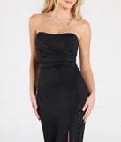 The Isabel Strapless Slit Bodycon Midi Formal Dress is a show-stopping black prom dress, offering a sleek, slimming silhouette that enhances your natural beauty for an unforgettable night.
