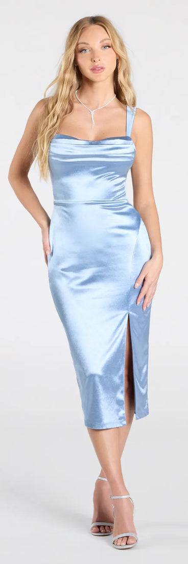 Own the spotlight in the Laina High Slit Satin Midi Dress, a denim blue formal dress crafted to deliver luxe style for autumn weddings, Military Balls, or any special event.