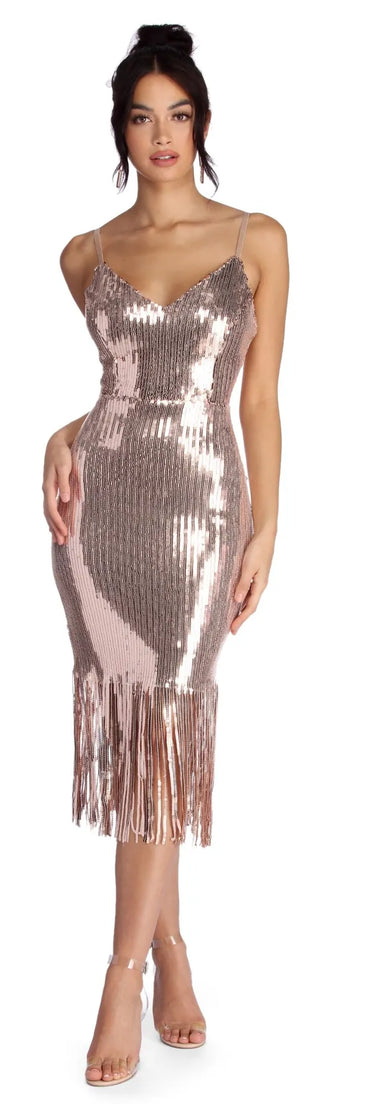 rose gold sequin fringe dress Lady Black Tie - Nyla Gown - Rose Gold - Sequin Flapper Fringe Dress