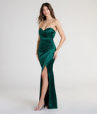 Feel instantly put-together in the Olive Strapless Slit Mermaid Satin Formal Dress in hunter green, a summer wedding guest dress designed for confident style and all-out celebration.