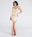 Make a bold statement in the Olive Strapless Slit Mermaid Satin Formal Dress in gold, the perfect spring dress for weddings, cocktail hours, nights out, and/or seasonal celebrations.