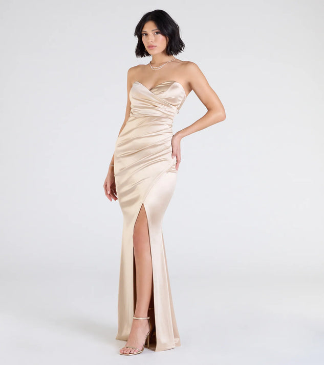 Olive Strapless Slit Mermaid Satin Formal Dress