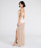 Make a bold statement in the Olive Strapless Slit Mermaid Satin Formal Dress in gold, the perfect spring dress for weddings, cocktail hours, nights out, and/or seasonal celebrations.