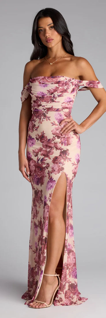 The Tess Floral Off-The-Shoulder Formal Dress is your new go-to purple dress—effortless, versatile, and made to update your fall style in seconds.