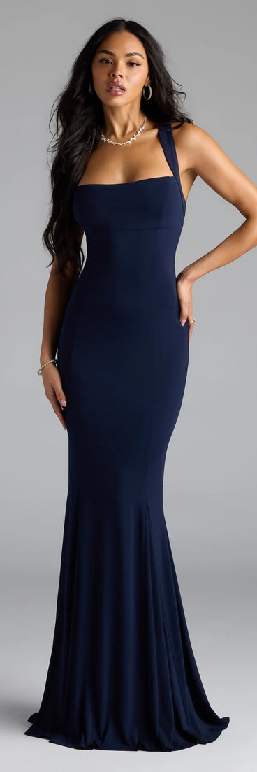 Feel instantly put-together in the Nicola Strappy Tie-Back Mermaid Dress in navy blue, a stylish wedding guest dress designed for confident style and all-out celebration.