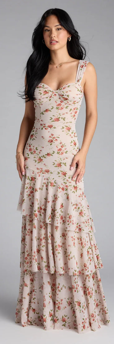 Soak up the season in the Melonie Corset Ruffled Mermaid Floral Formal Dress, a brown sundress styled for easy days, outdoor plans, and everything in between.
