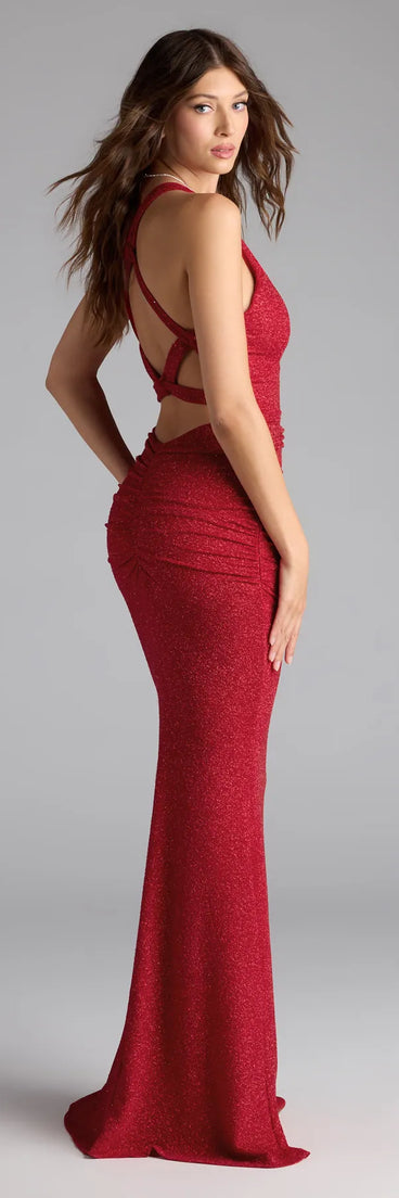 Own the spotlight in the Corinne Glitter Knit Strappy Back Mermaid Dress, a red formal dress crafted to deliver luxe style for autumn weddings, Military Balls, or any special event.